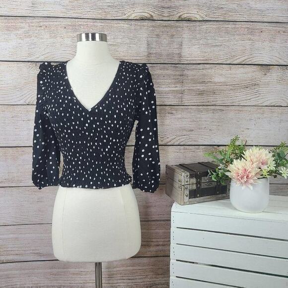 NWT Code x Mode Black White‎ Polka Dots V Neck Smocked Crop Top Size M - Picture 1 of 3